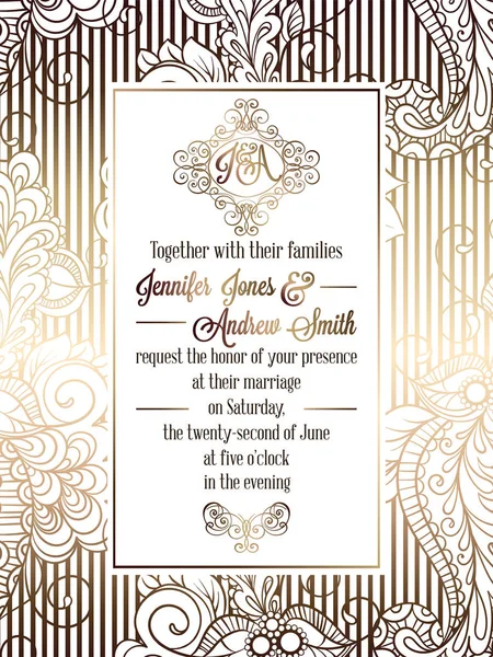 ヴィンテージ バロック様式の結婚式招待状カードのテンプレート.ダマスク織の背景、結婚式のための伝統的な装飾、白地に金とエレガントなフォーマル デザイン — ストックベクタ