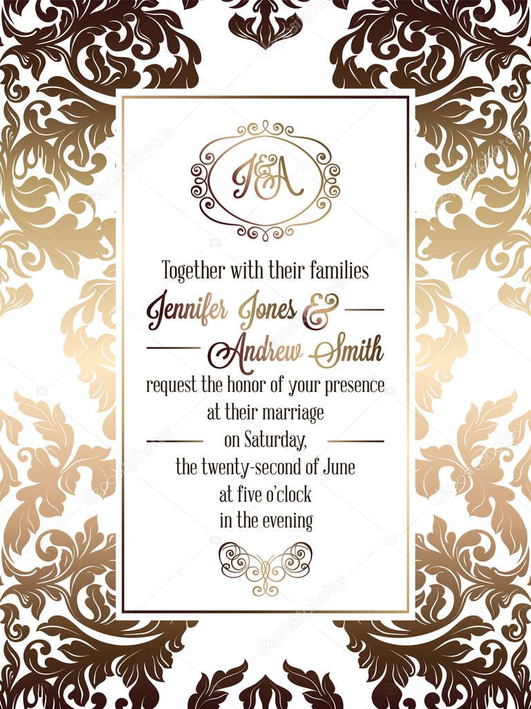 Vintage baroque style wedding invitation card template.. Elegant formal design with damask background, traditional decoration for wedding , gold on white background