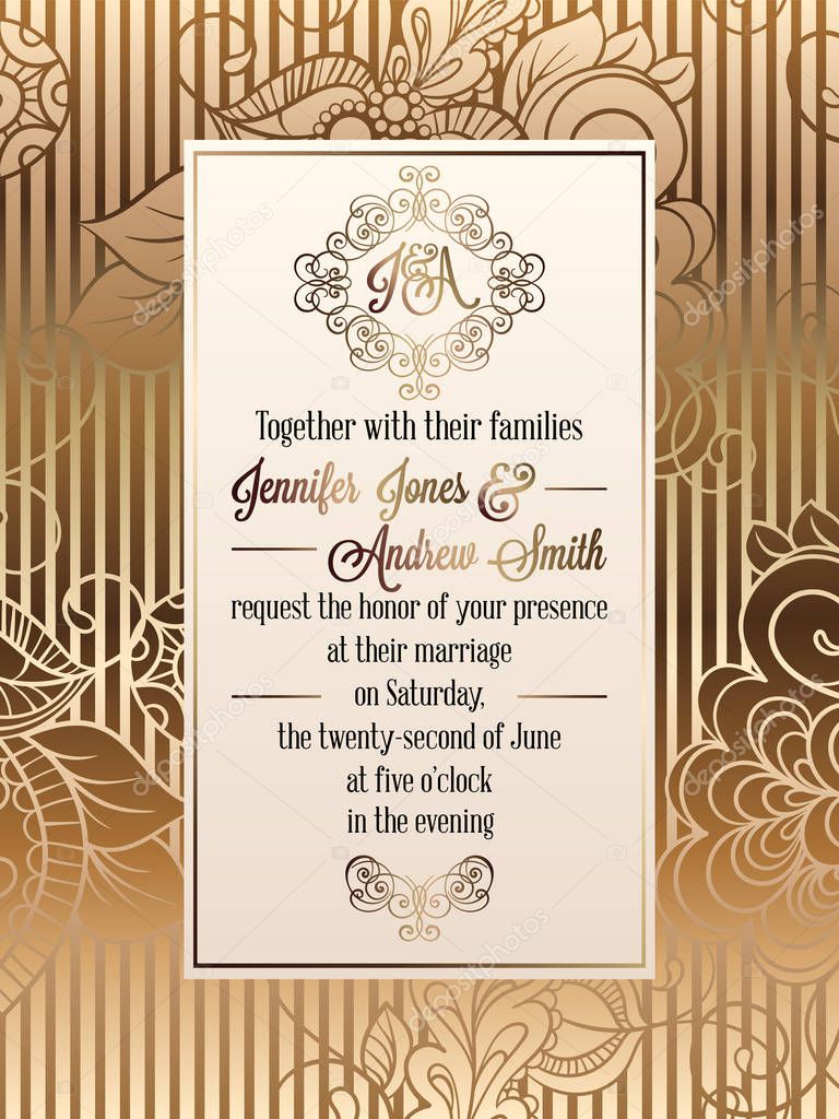 Vintage baroque style wedding invitation card template.. Elegant formal design with damask background, traditional decoration for wedding