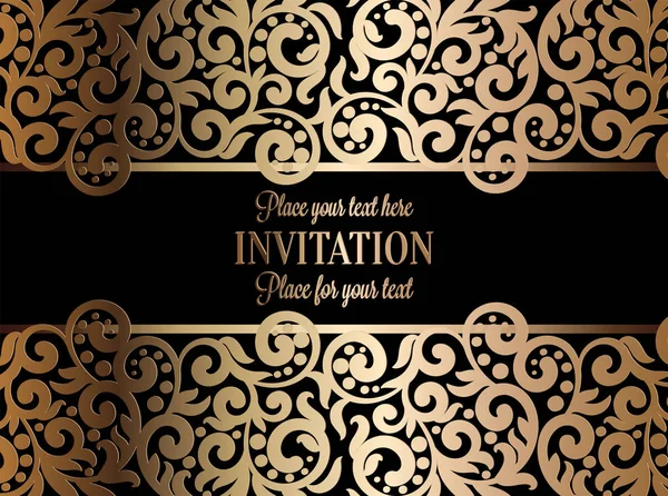 Antique baroque luxury wedding invitation, gold on black background with frame and place for text, lacy foliage with shiny gradient — Stock Vector