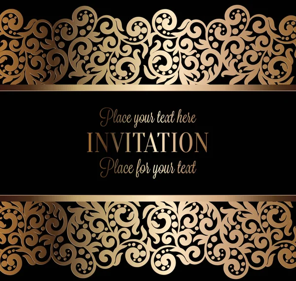 Antique baroque luxury wedding invitation, gold on black background with frame and place for text, lacy foliage with shiny gradient — Stock Vector