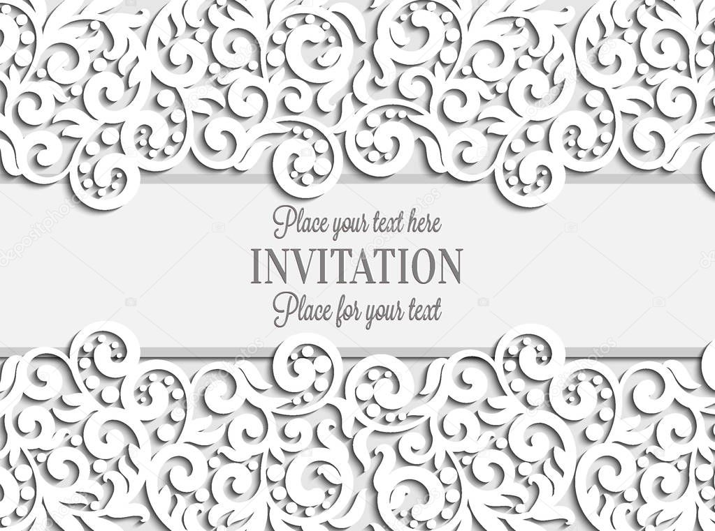 Wedding card with paper lace frame, lacy doily on greeting card invitation template