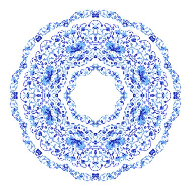 Hint takı, sürekli değişen çiçek desenli, mandala yuvarlak. Rus gzhel stil ve renkleri yapılan tasarım