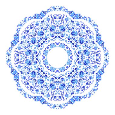 Hint takı, sürekli değişen çiçek desenli, mandala yuvarlak. Rus gzhel stil ve renkleri yapılan tasarım