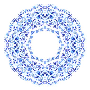 Hint takı, sürekli değişen çiçek desenli, mandala yuvarlak. Rus gzhel stil ve renkleri yapılan tasarım