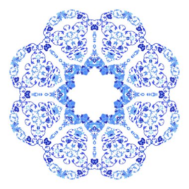 Hint takı, sürekli değişen çiçek desenli, mandala yuvarlak. Rus gzhel stil ve renkleri yapılan tasarım