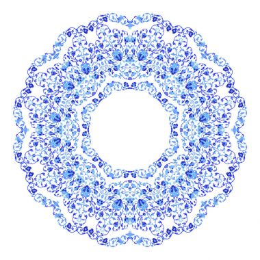 Hint takı, sürekli değişen çiçek desenli, mandala yuvarlak. Rus gzhel stil ve renkleri yapılan tasarım