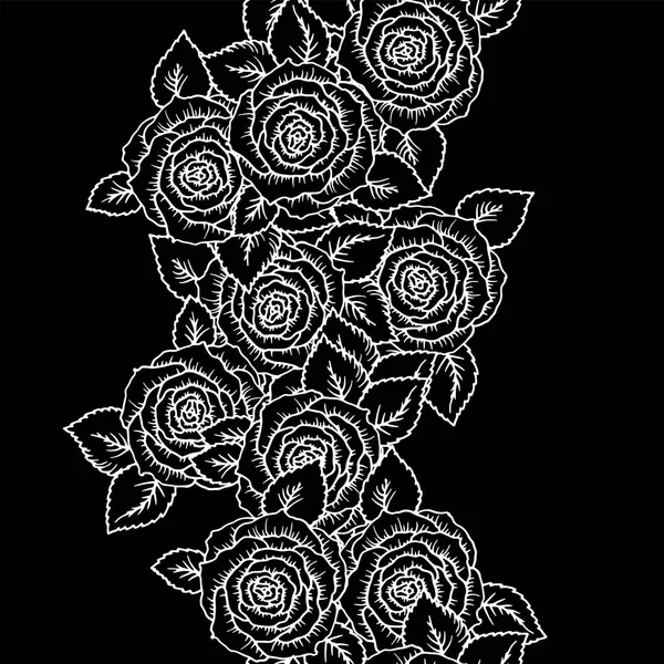 Belles roses de motif sans couture noir et blanc avec contours. Lignes de contour et traits dessinés à la main. Croquis de style gravure fleurs et feuilles monochromes. Fond romantique complexe, décoration — Image vectorielle