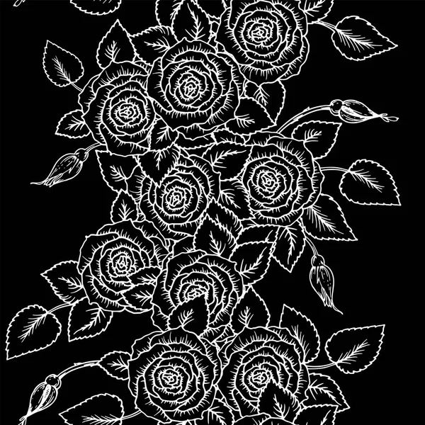 Belas rosas padrão sem costura preto e branco com contornos. Linhas de contorno desenhadas à mão e traços. Desenho estilo gravura flores monocromáticas e folhas. Fundo romântico intricado, decoração — Vetor de Stock