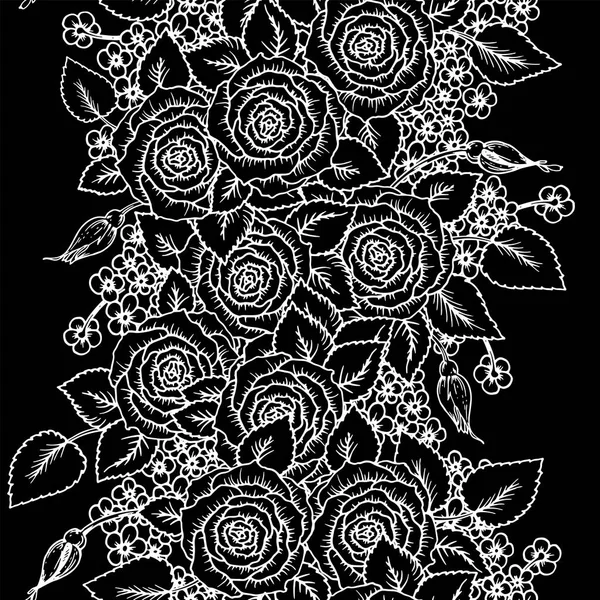 小さな花の美しい黒と白のシームレス パターン バラ。手描きの輪郭線とストローク。彫刻スタイル モノクロ花と葉をスケッチします。複雑なロマンチックな背景 — ストックベクタ