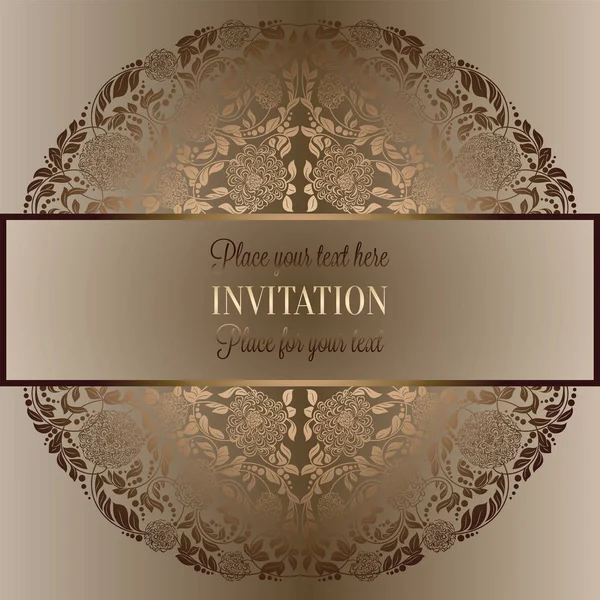 Fondo abstracto, marco vintage beige y oro de lujo, bandera victoriana, adornos de papel pintado floral damasco, tarjeta de invitación, folleto de estilo barroco, patrón de moda, plantilla para el diseño — Vector de stock