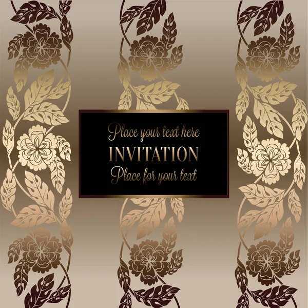 Fondo floral con marco antiguo, negro de lujo, beige y oro vintage, bandera victoriana, adornos de papel pintado floral damasco, tarjeta de invitación, folleto de estilo barroco, patrón de moda, plantilla — Archivo Imágenes Vectoriales