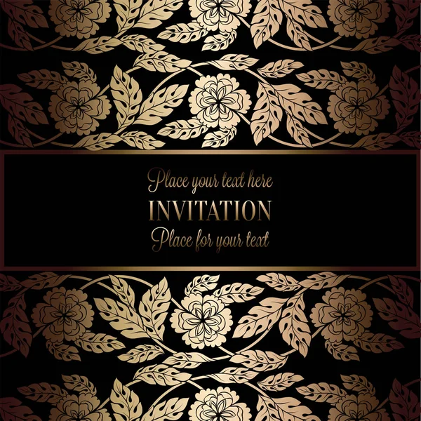 Fondo floral con marco antiguo, negro de lujo y oro vintage, bandera victoriana, adornos de papel pintado floral damasco, tarjeta de invitación, folleto de estilo barroco, patrón de moda, plantilla para el diseño — Vector de stock