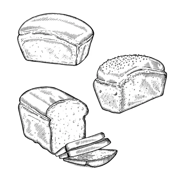 Винтажный ручной рисунок свежий винтажный набор хлебобулочных изделий. Хлеб с ломтиками на белом фоне . — стоковый вектор