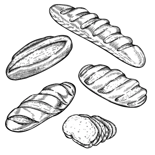 Вінтажна рука намальована ескіз свіжий вінтажний стиль хлібобулочний набір. Хліб зі скибочками на білому тлі . — стоковий вектор