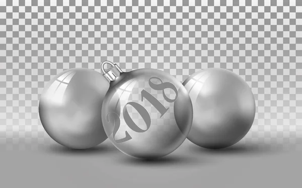 Γυαλιστερό γυαλί Διαφανές πρότυπο παιχνίδια Χριστούγεννα. 3 Χριστούγεννα μπάλες σε φόντο. Ασημένια διακόσμηση του έτους 2018, ρεαλιστικά στοιχεία — Διανυσματικό Αρχείο
