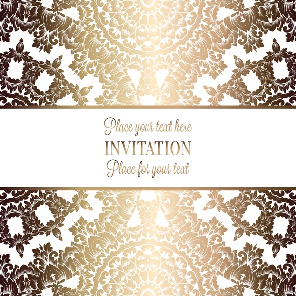 Follaje de lujo vectorial con patrón vintage floral de oro para pancarta, papel pintado, tarjeta de invitación, folleto. Plantilla para el diseño de la invitación de boda o fondo . — Vector de stock