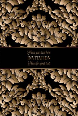 Afiş, duvar kağıdı, davetiye, kitapçık için altın çiçek vintage desenli vektör lüks yeşillik. Düğün davetiyesi tasarımı veya arka plan şablonu.