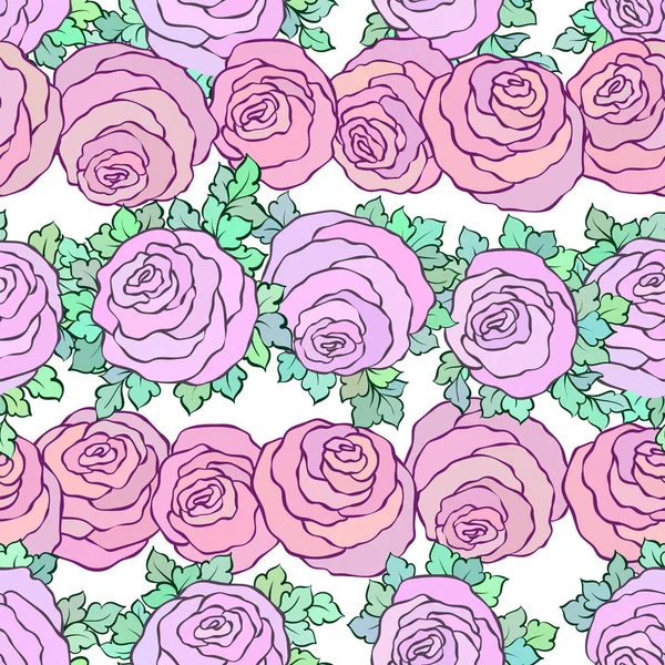 Papel pintado brillante decorativo floral con rosas lindas, patrón sin costuras sobre fondo blanco — Vector de stock