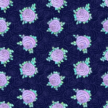 Çiçek dekoratif parlak duvar kağıdı ile şirin gül, mavi arka plan Lila renk seamless modeli