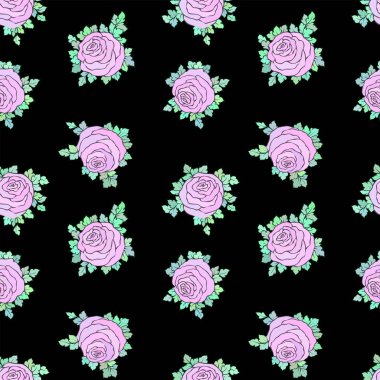 Çiçek dekoratif parlak duvar kağıdı şirin gül ile seamless modeli siyah arka plan üzerine pastel pembe renklerde