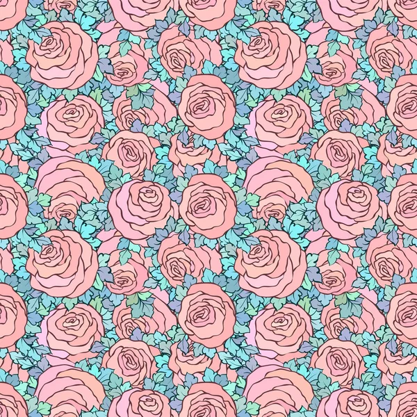 Floral decorativo fundo rosa brilhante com rosas bonitos, padrão sem costura — Vetor de Stock