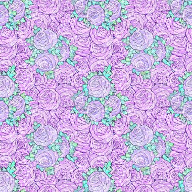 Çiçek dekoratif parlak duvar kağıdı ile şirin gül, Lila renkli seamless modeli