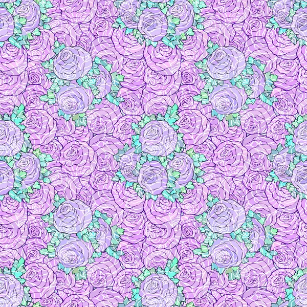 Papel pintado brillante decorativo floral con rosas lindas, patrón sin costuras en colores lila — Vector de stock