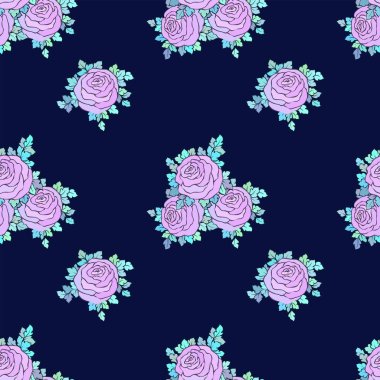 Çiçek dekoratif parlak duvar kağıdı ile şirin gül, mavi arka plan Lila renk seamless modeli