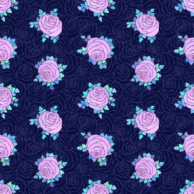 Çiçek dekoratif parlak duvar kağıdı ile şirin gül, mavi arka plan Lila renk seamless modeli