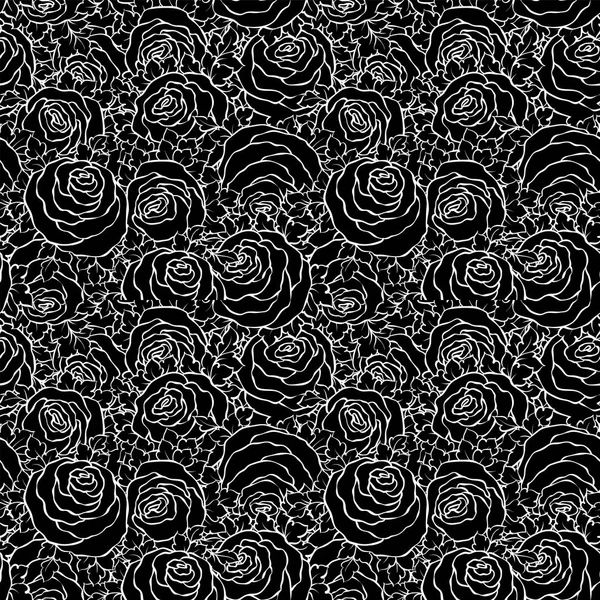 Fond floral décoratif noir et blanc avec de jolies roses, motif monochrome sans couture — Image vectorielle