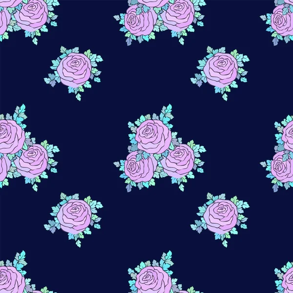 花卉装饰炫彩壁纸与可爱的玫瑰，无缝模式在蓝色背景上的紫丁香色 — 图库矢量图片