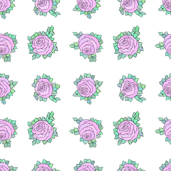 Papel pintado brillante decorativo floral con rosas lindas, patrón sin costuras sobre fondo blanco — Vector de stock