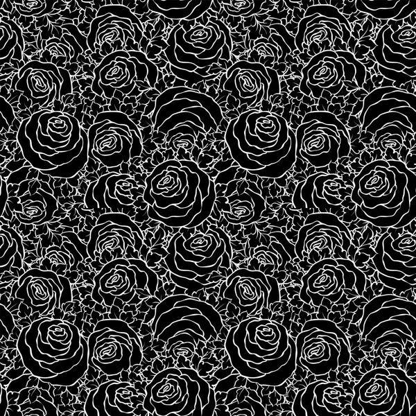 Decorativo floreale sfondo bianco e nero con rose carino, modello senza cuciture monocromatico — Vettoriale Stock