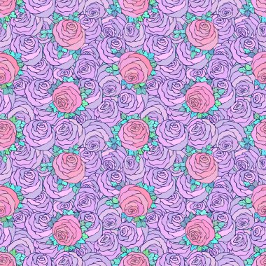 Çiçek dekoratif parlak pembe arka plan ile şirin gül, Lila renkli seamless modeli