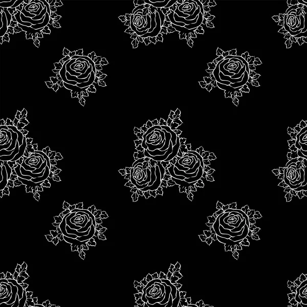 Floral decorative black and white background with cute roses, monochrome seamless pattern — Stock Vector