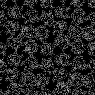 Şirin gül, tek renkli seamless modeli ile çiçek dekoratif siyah ve beyaz arka plan