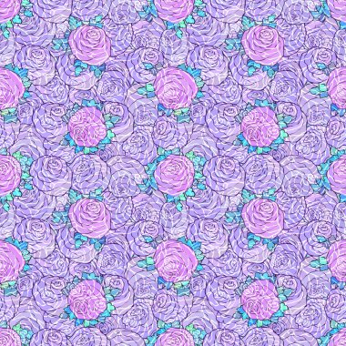 Çiçek dekoratif parlak pembe arka plan ile şirin gül, Lila renkli seamless modeli