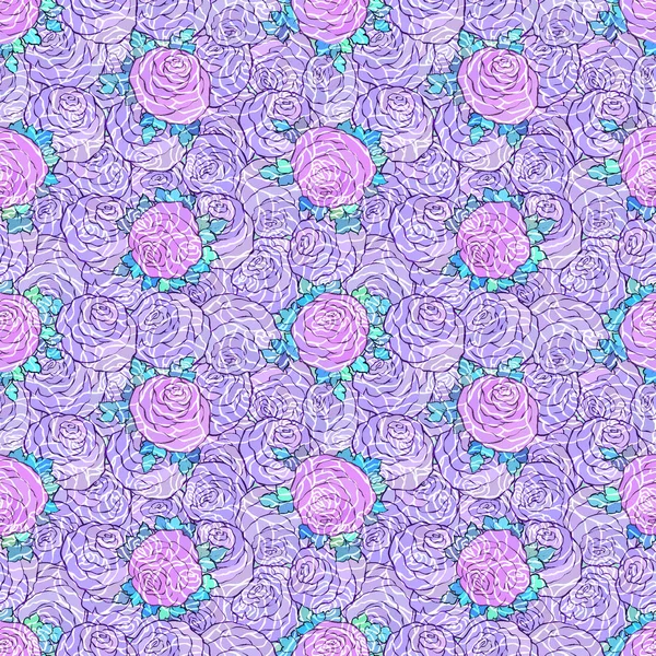 Fondo rosa brillante decorativo floral con rosas lindas, patrón sin costuras en colores lila — Vector de stock