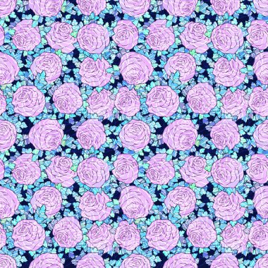 Çiçek dekoratif parlak duvar kağıdı ile şirin gül, mavi arka plan Lila renk seamless modeli