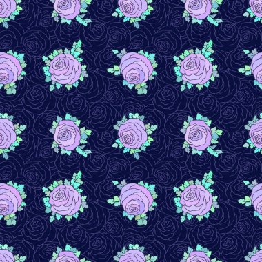 Çiçek dekoratif parlak duvar kağıdı ile şirin gül, mavi arka plan Lila renk seamless modeli