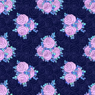 Çiçek dekoratif parlak duvar kağıdı ile şirin gül, mavi arka plan Lila renk seamless modeli