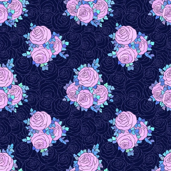 Papier peint floral décoratif lumineux avec des roses mignonnes, motif sans couture dans des couleurs lilas sur fond bleu — Image vectorielle