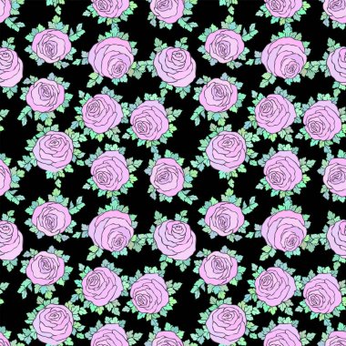 Çiçek dekoratif parlak duvar kağıdı şirin gül ile seamless modeli siyah arka plan üzerine pastel pembe renklerde