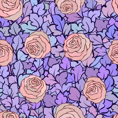 Gül ve yaprakları, süs karmaşık süsleri ve çiçekler, çizilmiş sanatsal arka plan ile tekstil tasarımı veya duvar kağıdı için mükemmel çiçek seamless modeli