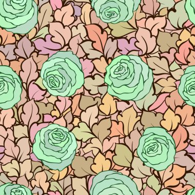 Gül ve yaprakları, süs karmaşık süsleri ve çiçekler, çizilmiş sanatsal arka plan ile tekstil tasarımı veya duvar kağıdı için mükemmel çiçek seamless modeli