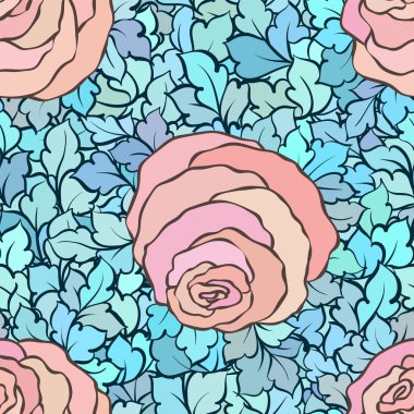 Gül ve yaprakları, süs karmaşık süsleri ve çiçekler, çizilmiş sanatsal arka plan ile tekstil tasarımı veya duvar kağıdı için mükemmel çiçek seamless modeli