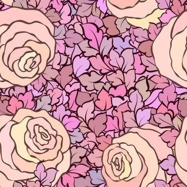 Gül ve yaprakları, süs karmaşık süsleri ve çiçekler, çizilmiş sanatsal arka plan ile tekstil tasarımı veya duvar kağıdı için mükemmel çiçek seamless modeli