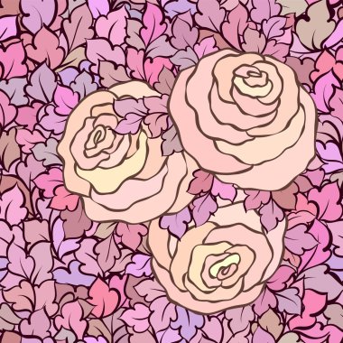 Gül ve yaprakları, süs karmaşık süsleri ve çiçekler, çizilmiş sanatsal arka plan ile tekstil tasarımı veya duvar kağıdı için mükemmel çiçek seamless modeli