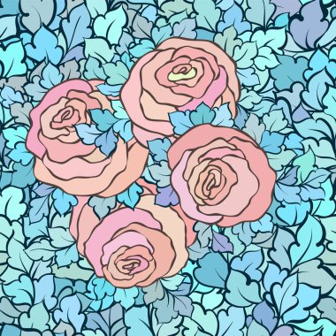 Gül ve yaprakları, süs karmaşık süsleri ve çiçekler, çizilmiş sanatsal arka plan ile tekstil tasarımı veya duvar kağıdı için mükemmel çiçek seamless modeli